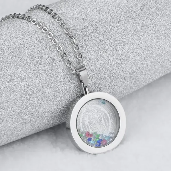Stainless Steel Rhinestone Our Lady of Guadalupe Virgin Mary Round Pendant Necklace for Women