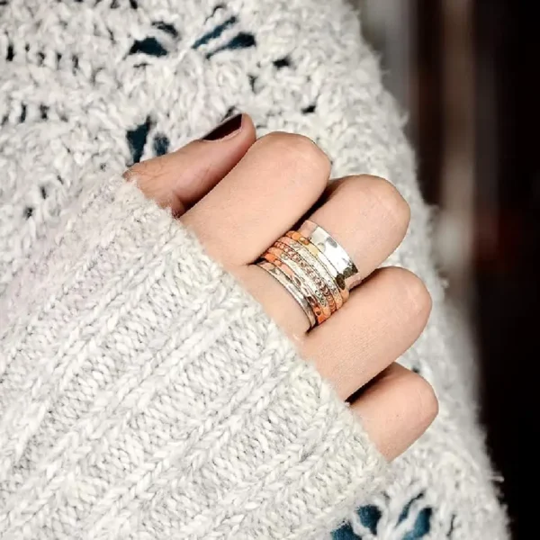 Boho-Magic Spinner Ring for Women 925 Sterling Silver with Copper and Brass Fidget Bands Wide
