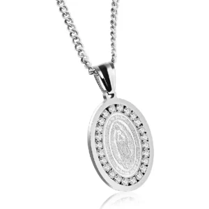TEMICO Stainless Steel Cubic Zirconia Our Lady of Guadalupe Virgin Mary Oval Medal Necklace Silver & Gold Color