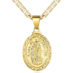 Barzel 18K Gold Plated Flat Mariner/Marina 060 3MM Chain Necklace With Virgin Mary Guadalupe Charm Pendant