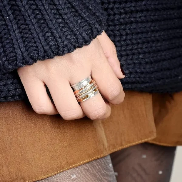 Boho-Magic Spinner Ring for Women 925 Sterling Silver with Copper and Brass Fidget Bands Wide