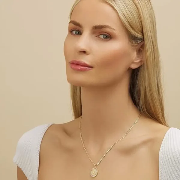 Barzel 18K Gold Plated Flat Mariner/Marina 060 3MM Chain Necklace With Cubic Zirconia Virgin Mary Guadalupe Charm Pendant