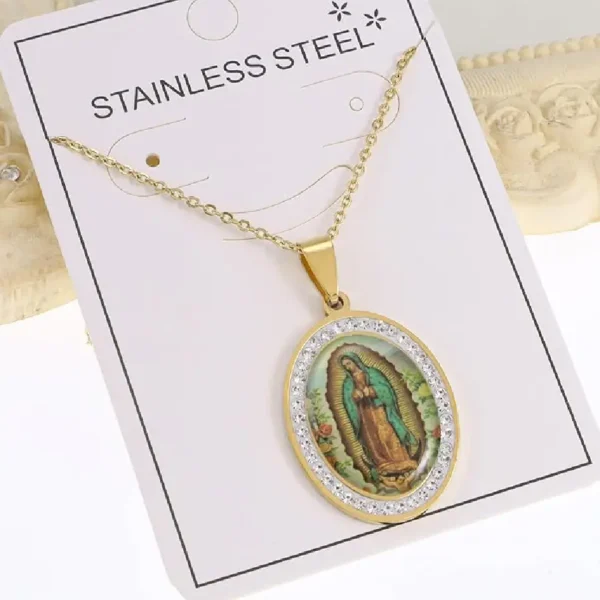Miraculous Medal, Religious Gifts for Women, Golden Stainless Steel Necklace Inlaid Zircon Pendant, Fashion Religious Jewelry, Gifts for Women