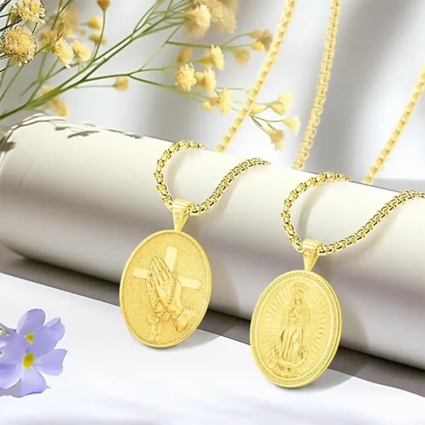 Collar de San Miguel y Virgen de Guadalupe en Plata Sterling 925 con Baño de Oro - Medalla Milagrosa y Manos en Oración - Joyería Religiosa para Hombres y Mujeres - Image 5