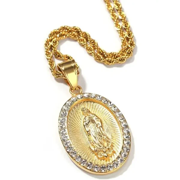 Collar de la Virgen de Guadalupe Bañado en Oro - Cadena de Acero Inoxidable de 24 Pulgadas - Joyería para Hombres y Mujeres - Image 2