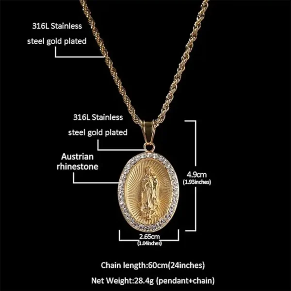 Collar de la Virgen de Guadalupe Bañado en Oro - Cadena de Acero Inoxidable de 24 Pulgadas - Joyería para Hombres y Mujeres - Image 3