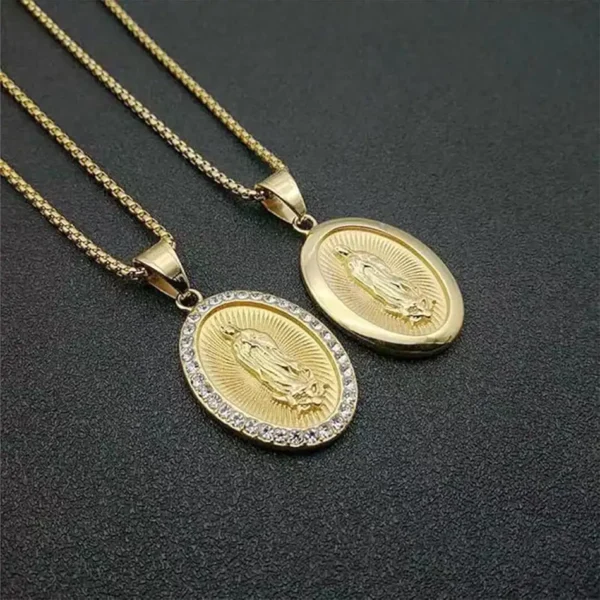 Collar de la Virgen de Guadalupe Bañado en Oro - Cadena de Acero Inoxidable de 24 Pulgadas - Joyería para Hombres y Mujeres - Image 6