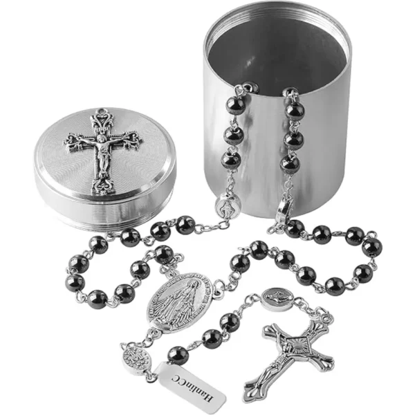 HanlinCC 6mm Hematite black stone beads Miraculous Rosary Necklace with Cross Metal Gift Box ofr Men and Women