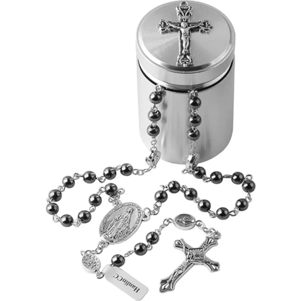 HanlinCC 6mm Hematite black stone beads Miraculous Rosary Necklace with Cross Metal Gift Box ofr Men and Women