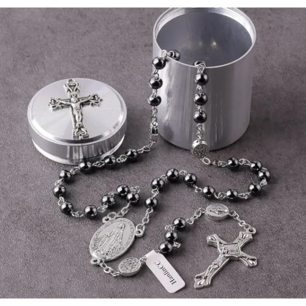 HanlinCC 6mm Hematite black stone beads Miraculous Rosary Necklace with Cross Metal Gift Box ofr Men and Women