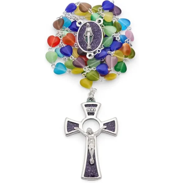 Rosary Beads catholic for Women and Men Blessed During Pope's Angelus, Five Decades Rosary in real Cat's Eye Heart beads multicolor - Perfect Catholic gifts