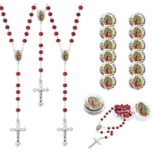 12 PCS Virgen De Guadalupe Red Rosary Beads Bulk for Baptism Favors,Rosarios Catolicos First Communion Favors for Guests,Bulk Rosaries Beads Necklace Gifts for Primera Comunion Recuerdos