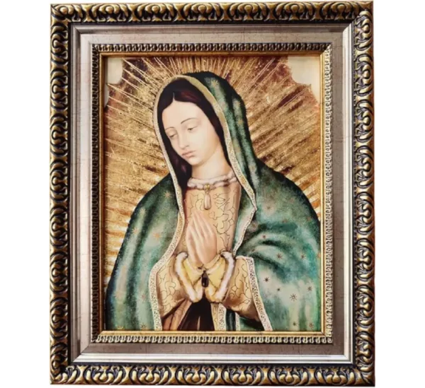 MEXICANDOO Our Lady of Guadalupe Mexican Framed Print (Cuadro Mexicano de la Virgen de Guadalupe) 11x13 inch with Golden and Silver Plated Finish Catholic Religious Wall Art Decoration for Home and