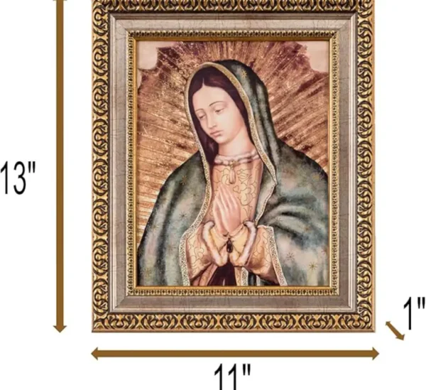 MEXICANDOO Our Lady of Guadalupe Mexican Framed Print (Cuadro Mexicano de la Virgen de Guadalupe) 11x13 inch with Golden and Silver Plated Finish Catholic Religious Wall Art Decoration for Home and