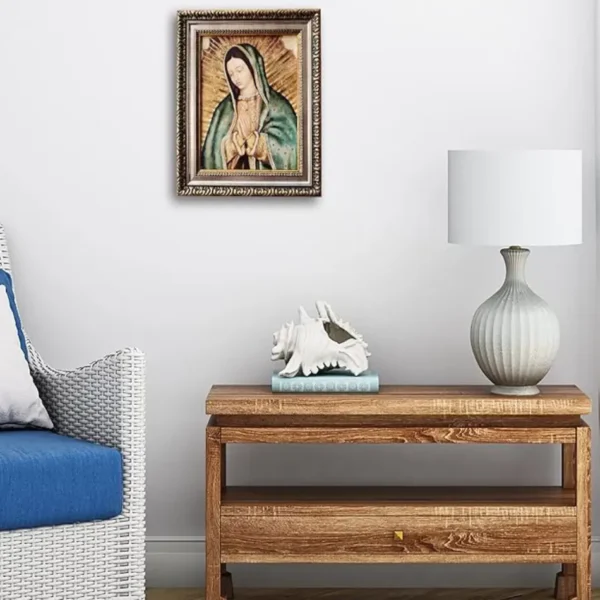 MEXICANDOO Our Lady of Guadalupe Mexican Framed Print (Cuadro Mexicano de la Virgen de Guadalupe) 11x13 inch with Golden and Silver Plated Finish Catholic Religious Wall Art Decoration for Home and