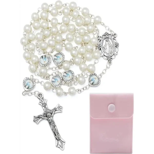 KOMI Rosary Beads Catholic for Women Glass Pearl Beads Rosary Necklace with Saint Benedict Medal & Crucifix Rosarios Catolicos Catholic Gifts for Women with Rosary Pouch