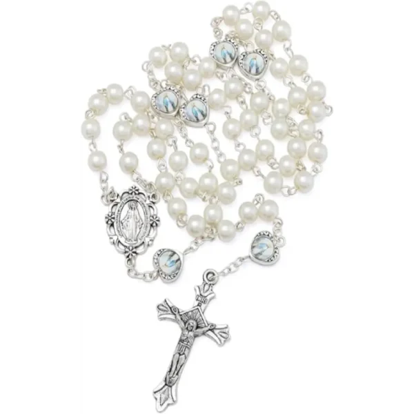 Rosario de Cuentas de Perlas de Vidrio con Medalla de San Benito y Crucifijo - Regalo Católico para Mujeres, Incluye Bolsa de Terciopelo - Image 3