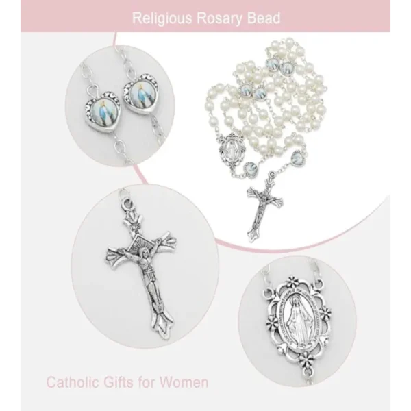 Rosario de Cuentas de Perlas de Vidrio con Medalla de San Benito y Crucifijo - Regalo Católico para Mujeres, Incluye Bolsa de Terciopelo - Image 4