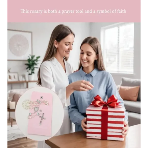 Rosario de Cuentas de Perlas de Vidrio con Medalla de San Benito y Crucifijo - Regalo Católico para Mujeres, Incluye Bolsa de Terciopelo - Image 6