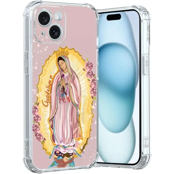 Flesh Virgencita Phone Case Fit for iPhone 15 —Wireless Charging Shockproof Clear Mexico Virgen de Guadalupe Phone Cover Gift for Boy Girl Men Women