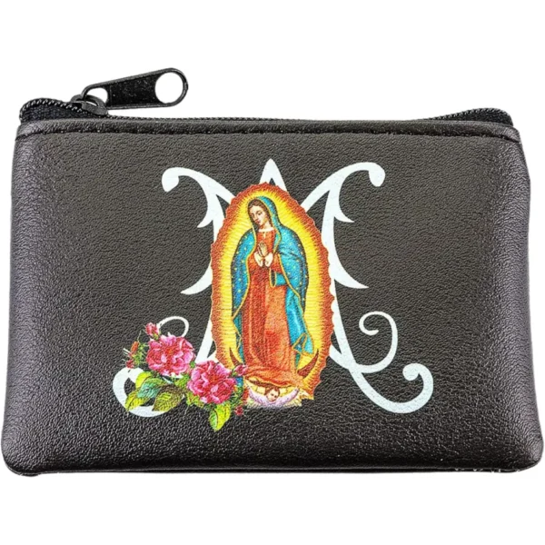Needzo Our Lady of Guadalupe Black Leatherette Rosary Pouch with Zipper Closure, Neutral Travel Cases and Pouches for Rosaries, First Communion or Confirmation Gift, 3.25 Inches