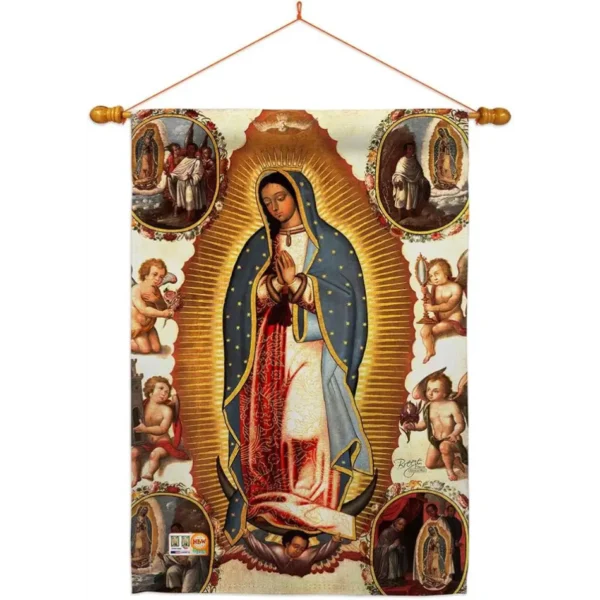 Our Lady of Guadalupe Flag Pole Set Wooden Dowel with String Nativity Decorations Christian Tapestry Hardware Inspirational Faith Banner Elephant Winter Merry Xmas Holy Religious Gifts For Grandma Made in USA