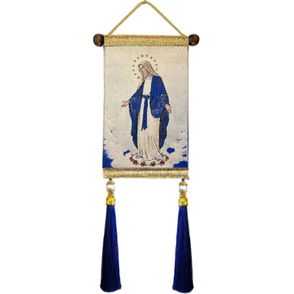 Our Lady of Grace Catholic Icon of Virgin Mary Religious Tapestry With Tassels and Faux Pearls 13 1/2 Inch, Religious Gifts For Woman Man
