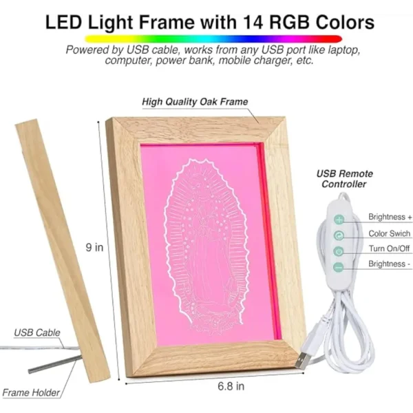 Luxury Home Decor Wood LED Lamp Frame Virgin Mary, San Judas, Jesus Night Light RGB (Virgin Mary RGB)