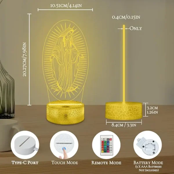 Luz Nocturna 3D de la Virgen María - Lámpara con 16 Colores Cambiantes, Control Remoto y Temporizador, Regalo Religioso para Mamás y Mujeres Creyentes - Image 6