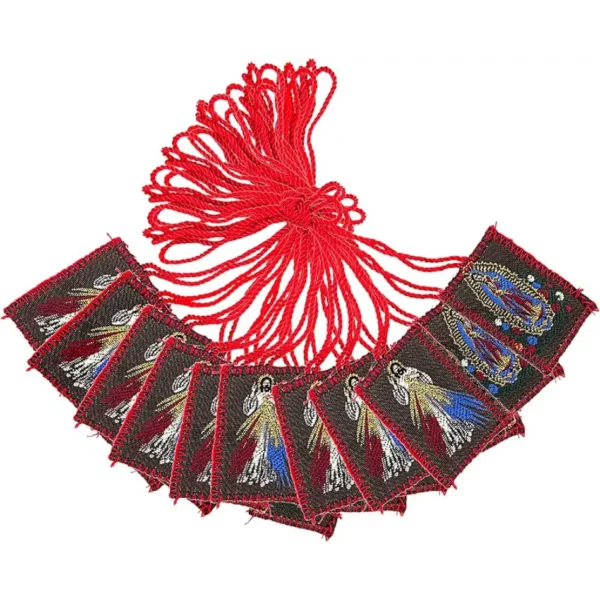 Needzo Bulk Brown and Red Embroidered Scapular Necklace for Women Catholic, Scapulars Featuring the Divine Mercy and Our Lady of Guadalupe, 12 Pack