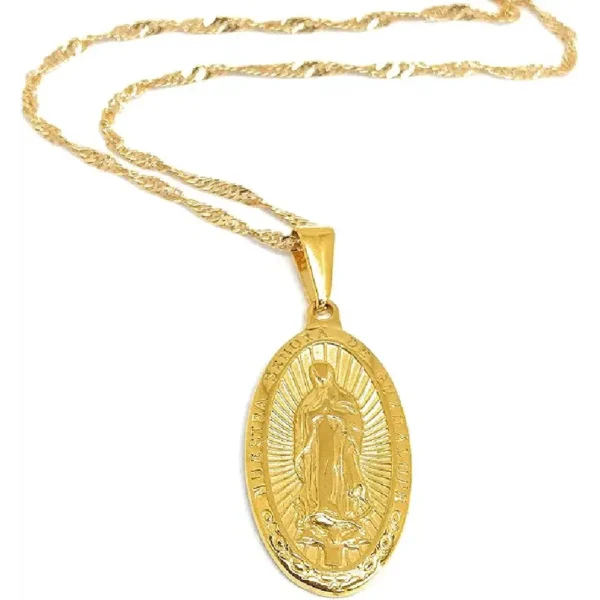 LESLIE BOULES 18K Gold Plated Guadalupe Medal Necklace 18 Inches Length Virgin Mary Jewelry