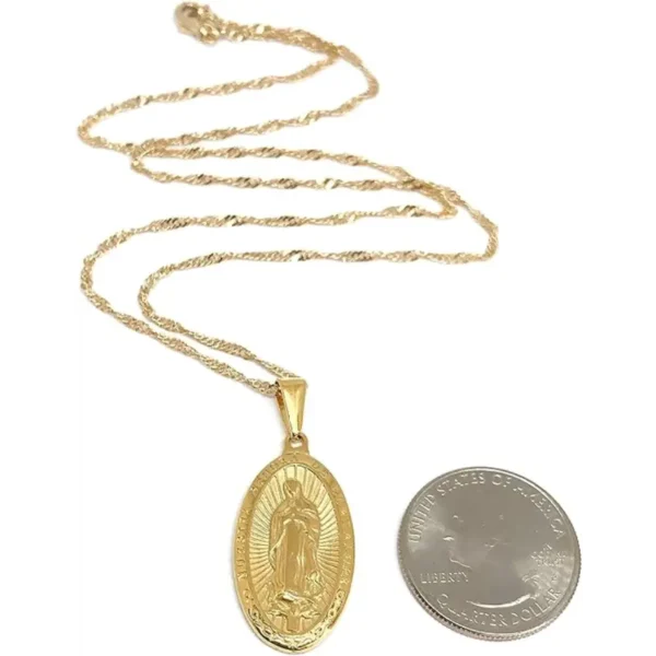LESLIE BOULES 18K Gold Plated Guadalupe Medal Necklace 18 Inches Length Virgin Mary Jewelry
