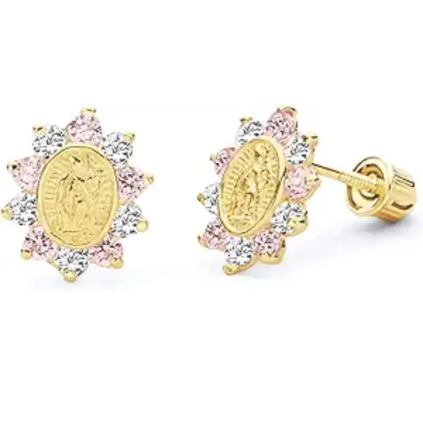 14k Yellow Gold Our Lady Guadalupe Stud Earrings with Screw Back - 3 Different Color Available