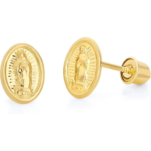 14k Yellow Gold Our Lady of Guadalupe Stud Earrings with Screw Back