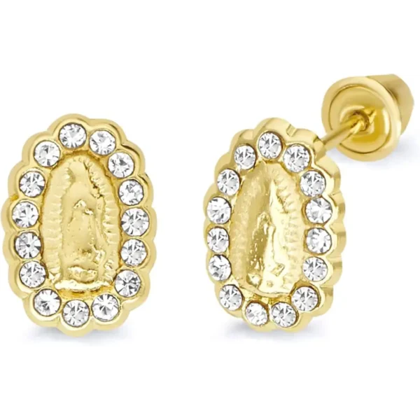 14k REAL Yellow Gold CZ Our Lady Guadalupe Stud Earrings with Screw Back