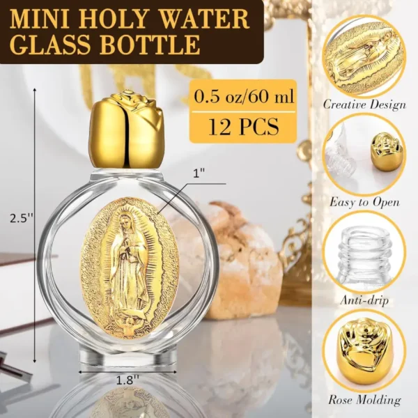 Juego de 12 Botellitas de Agua Bendita - Virgen de Guadalupe (Doradas) - Image 2