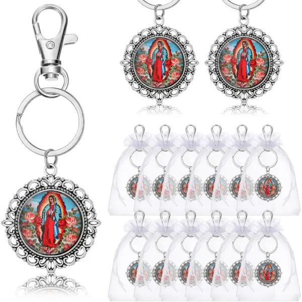12 Pcs Our Lady of Guadalupe Keychains Baptism Favors for Guests First Communion Gift Virgen De Guadalupe Llaveros with Organza Gift Bags Religious Catholic Keychain Recuerdos De Bautizo Christening