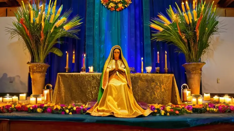 Altar colorido con La Virgen y devotos
