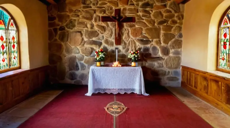 Capilla serena con luz dorada y rosas