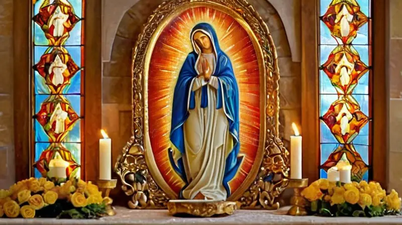 Altar sereno con flores y figuras religiosas