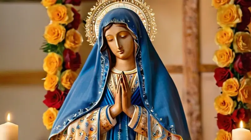 Altar vibrante con la Virgen María iluminada
