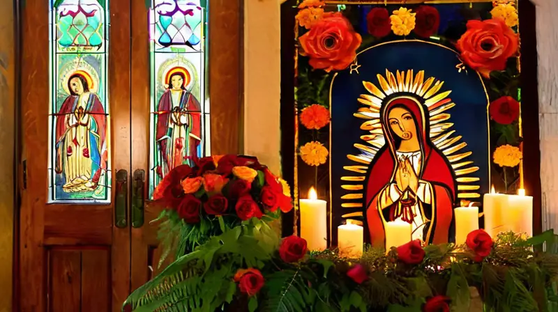 Altar vibrante con ofrendas y luces cálidas