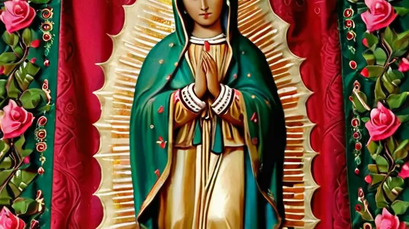Virgen de Guadalupe rodeada de rosas vibrantes