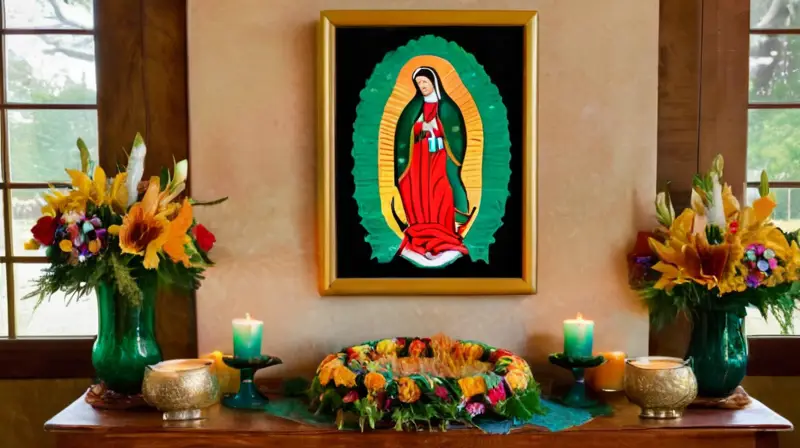 Escena sagrada con La Virgen y flores