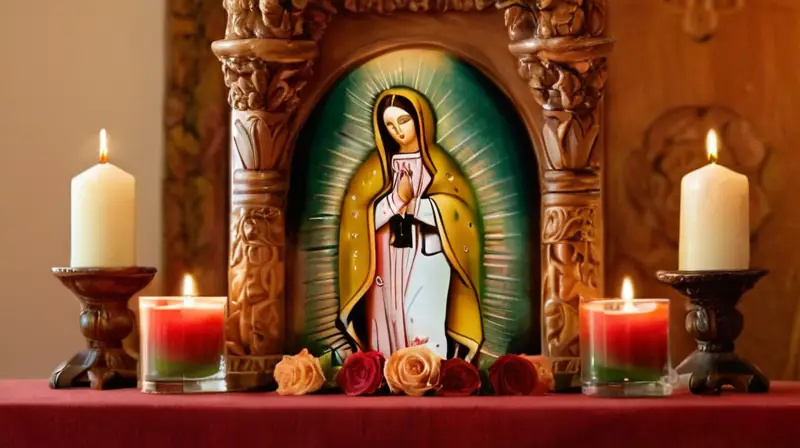 Altar de madera con Virgen de Guadalupe