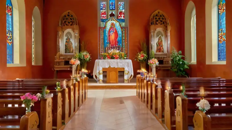 Interior capilla serena, luz dorada y flores