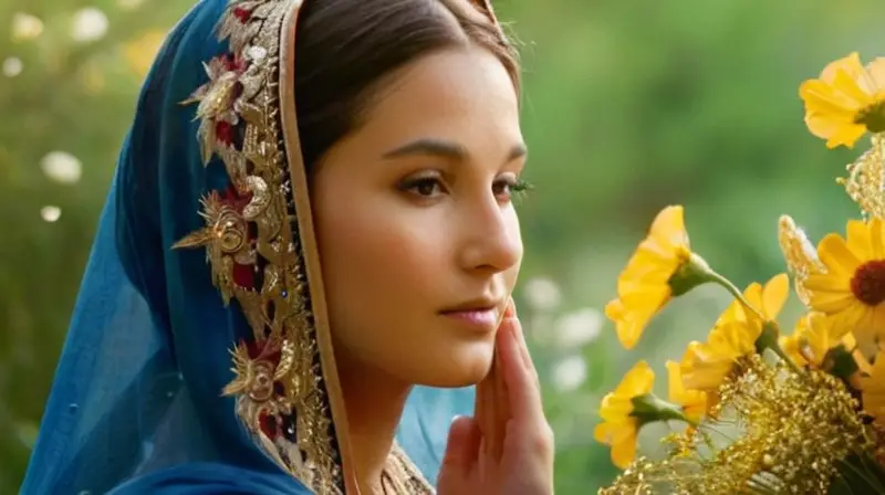 Virgen María rodeada de flores y luz