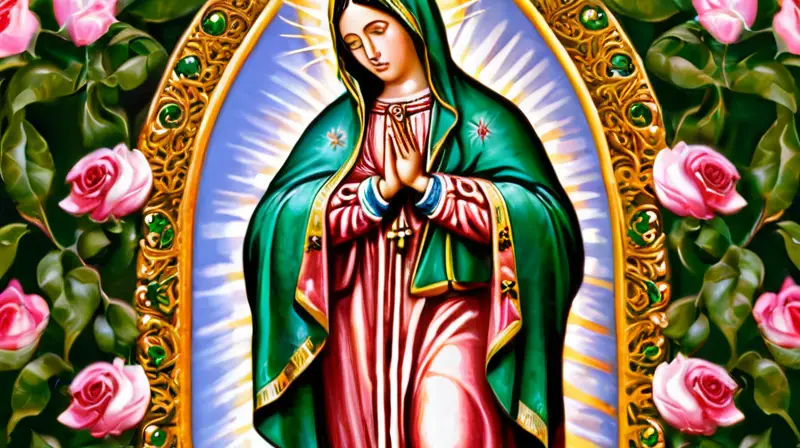 Virgen de Guadalupe rodeada de rosas vibrantes