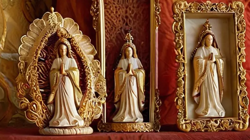Figuras talladas y coloridas enseres sagrados