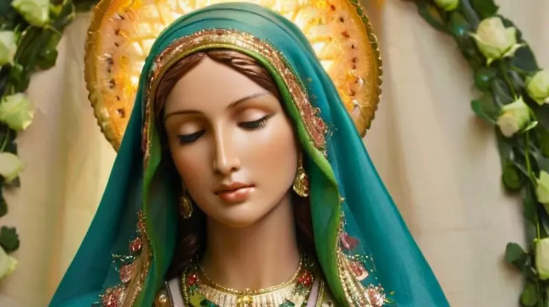 Virgen María serena en entorno espiritual